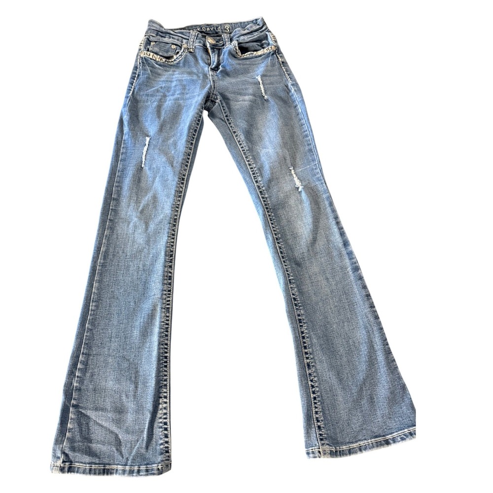Jack David Embellished Flare Jeans Blue Distressed Rhinestone Rose Wings Size 3